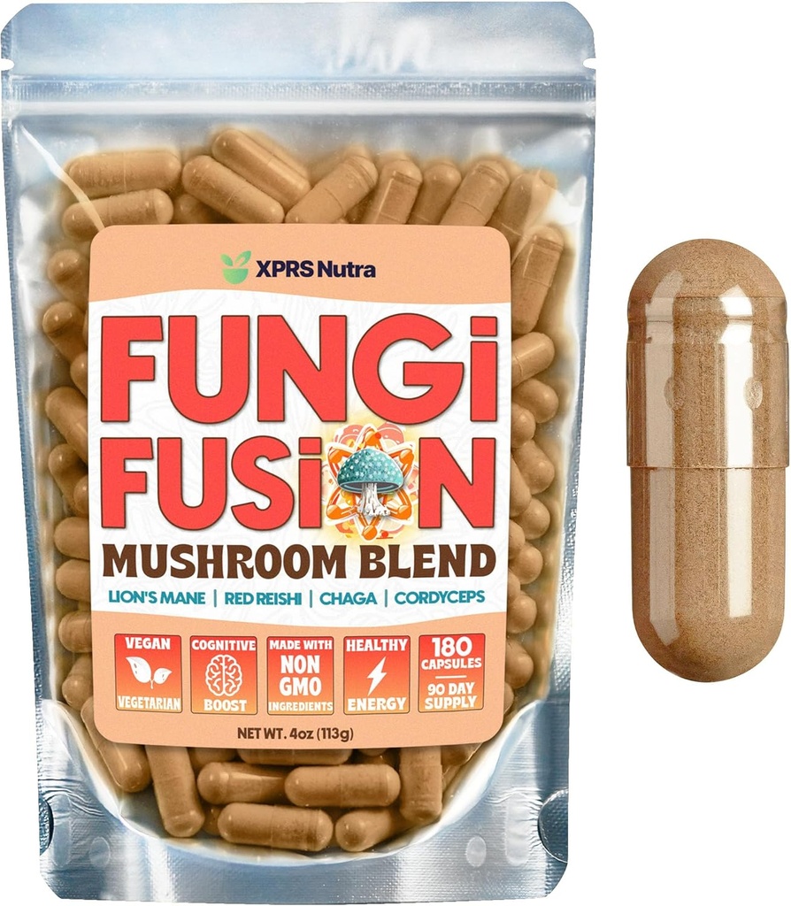 XPRS Nutra Fungi Fusion Capsulele de amestec de ciuperci - 180 Conte (90 zile de aprovizionare) Blend Premium of Lion's Mane, Reishi, Chaga, Cordyceps Capsule pentru a sprijini Claritatea mentală, cogniție, energie și imunitate