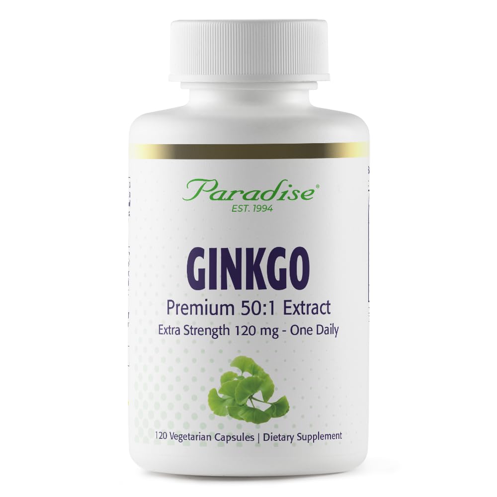 Paradise Herbs Ginkgo Biloba Extract, Super Pottent, Ultra Pure, Vegan, Non OMG, Gluten Free, 120 Capsule vegetariene