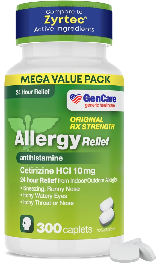 GenCare - Cetirizina HCL 10 mg (300 Caplete) - Pastile de 24 de ore pentru alergii - Medicamente OTC non-drowsy generice pentru alergii - Medicamente antihistaminice pentru respiraţie, nas roşu şi mâncărime ochi -Generic Zyrtc