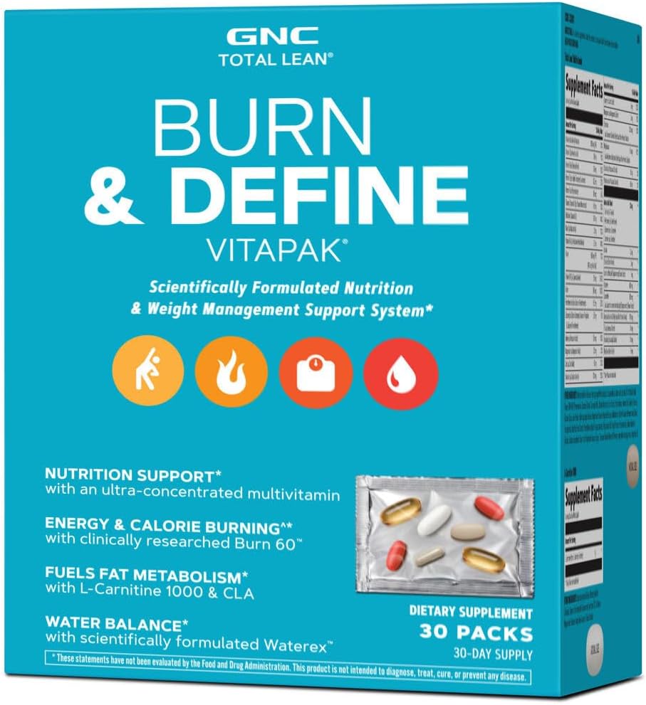 GNC Total Lean Burn și Definește Programul VitaPak pentru bărbați și femei, 5-in-1 Pack pentru energie, managementul greutății, Calorie Burn, Immune Health, Balanța de apă, 30 Serviri