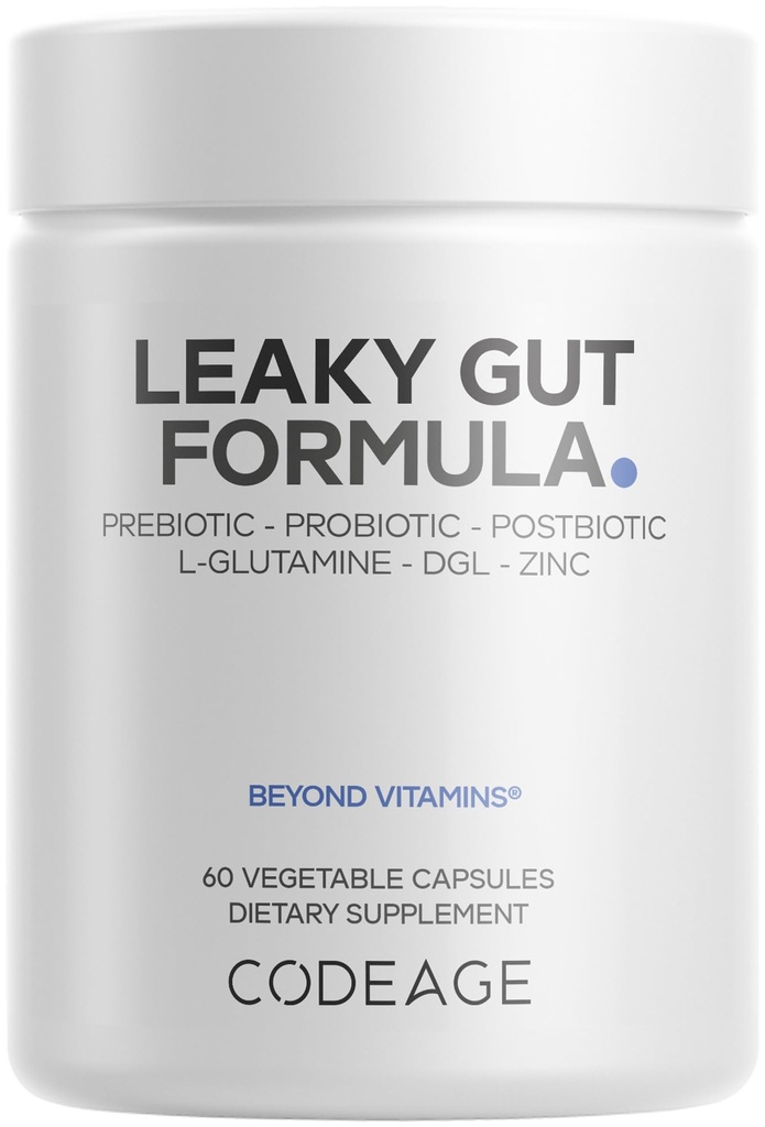 Codeage Leaky Gut Supplement, L-Glutamine, N-Acetilglucoză, Probiotic, Acid butiric, Polifenoli, Querbetin, DGL, Root Marshmallow, Berberine, BioPerine, Scorțișoară, Vegan, Non-GMO, 60 Capsule