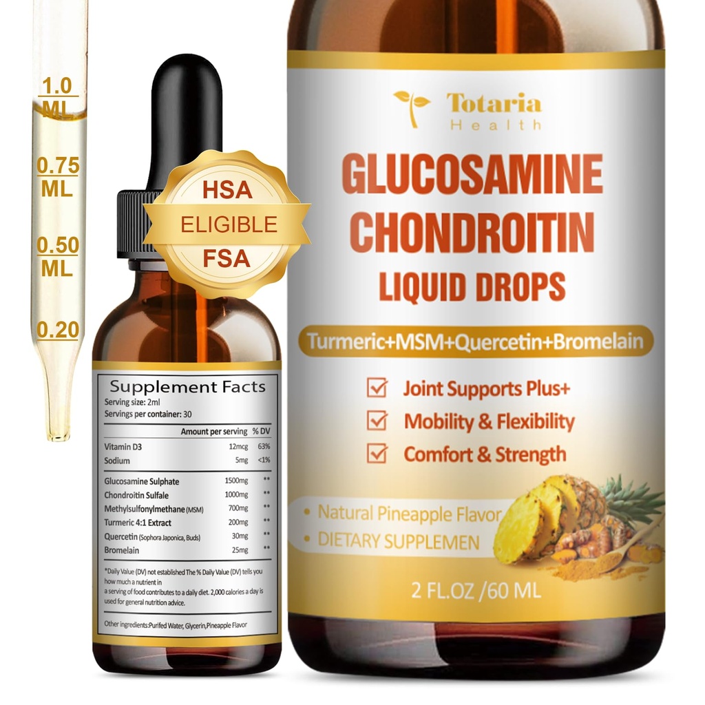 Glucosamină Chondroitin MSM picături lichide FSA-HSA - Supliment comun de sprijin pentru mobilitate, flexibilitate și oase Chondroitin supliment sulfat Turmeric, Querbetin, Bromelain, MSM ulei 2 FL.OZ