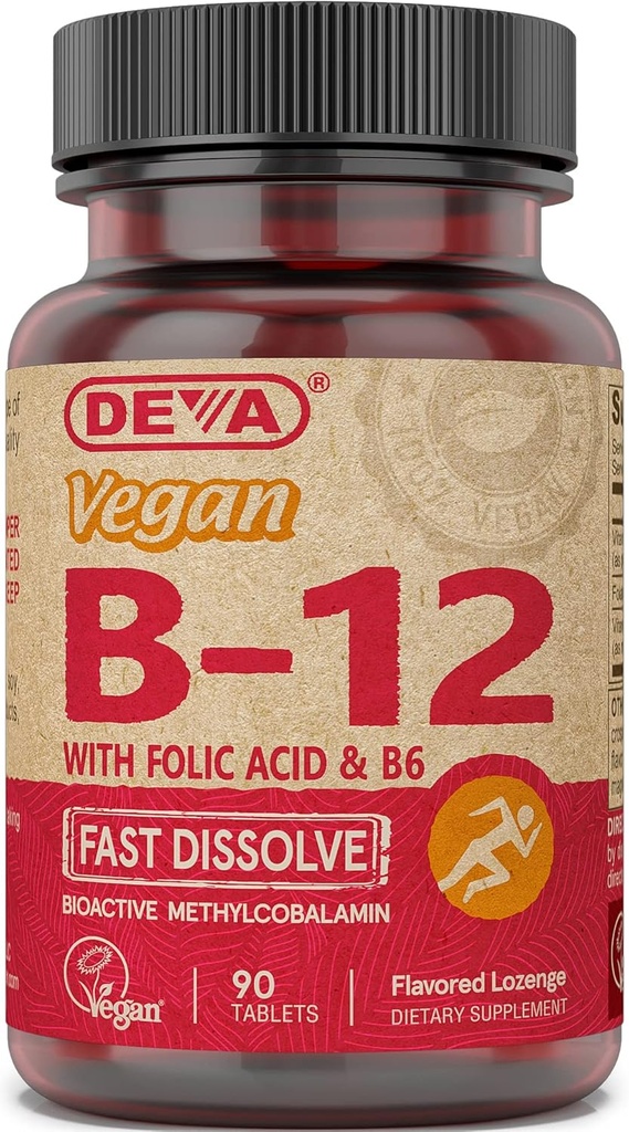 Deva Vegan Vitamina B12 Supliment rapid de dizolvare - Once-Per-Day Complex cu 1000 Mcg Methylcobalamină B12, Acid folic, B6 - Lemon Flavor - 90 comprimate Dizolvabile, 1-Pack