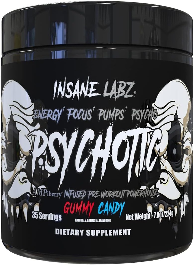 Insane Labz Psychotic Black Edition Mid Stimulant Pre Workout Powder, Energy Focus Pumps, Loaded with Creatine Beta Alanine Taurine Fueled by AMPiberry, 35 Servings (Gummy Candy)
