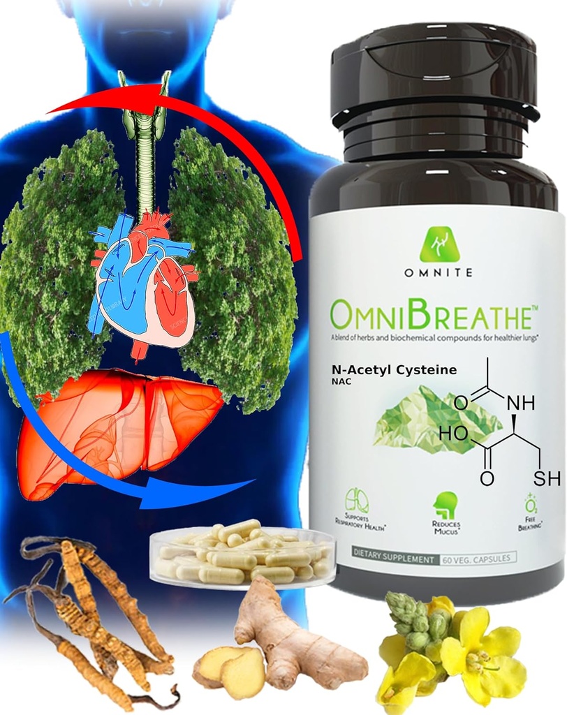 OMNIBRREATHE - Îmbunătăţirea rapidă a problemelor de respiraţie de NAC 600MG Formulat ştiinţific w. Querbetin/Mullein/Coq 10/Ginger/Stinging Nettle/Bromelain,3 Times w. Masă (10-Day Supply to Boost)