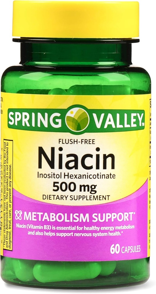 Spring Valley Flush-free Niacin 500 mg suport metabolic, 60 capsule (Pachet de 2)