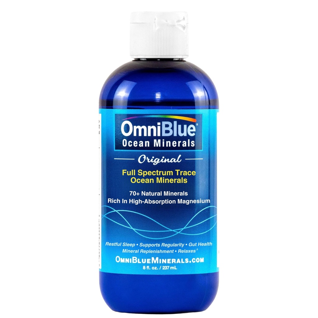 OmniBlue Ocean Minerals - 70+ Trace Minerals & Liquid Magneziu - Potasiu, Clorura- Sodiu scăzut - Suport natural pentru somn, Digestie, Regularitate, Hidratare & Electrolite Balanta (8 oz)