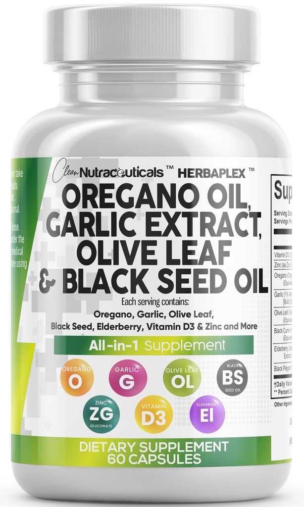 Clean Nutra Ulei de Oregano cu ulei de semințe negre de usturoi extract de frunze de măsline - Ulei de capsule de Oregano Suport imunitar Carvacrol și supliment de Thymochinonă pentru femei și bărbați + vitamina de elderberry D3 și zinc