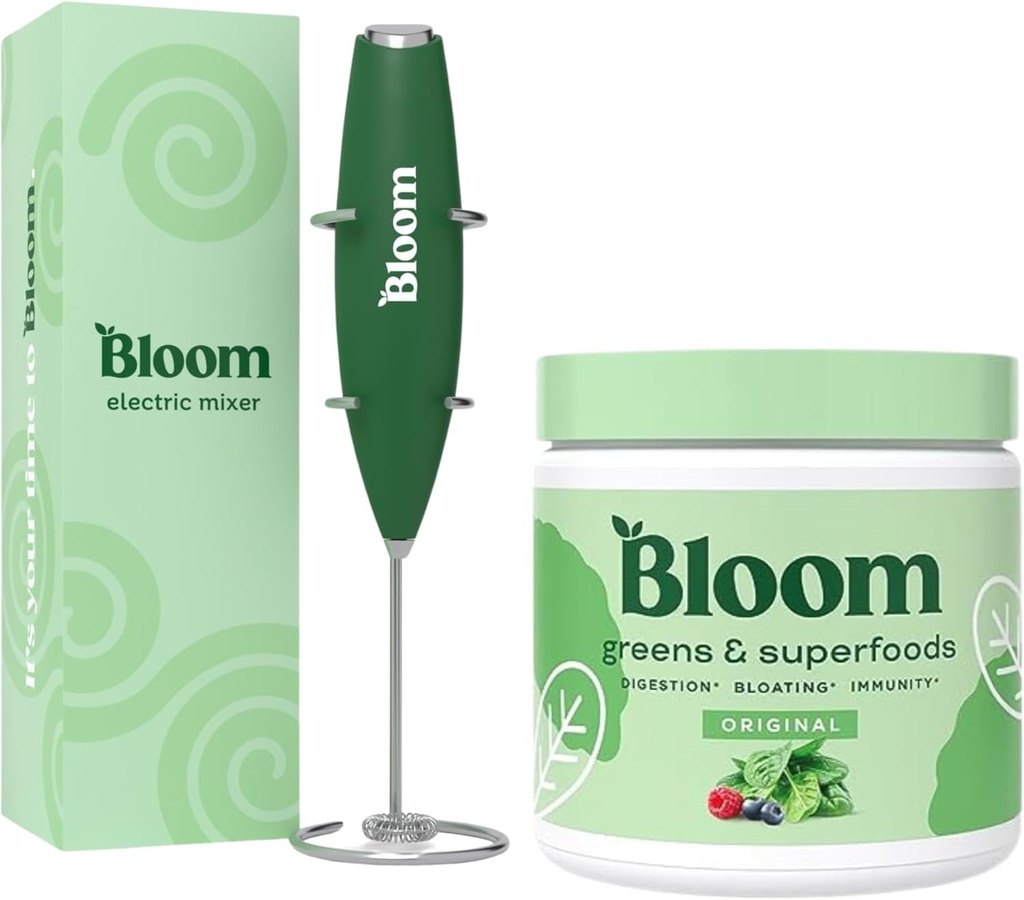 Bloom Nutrition Superfood Greens Powder, Enzime digestive cu probiotice și prebiotice, Sanatate Gut, Blooting Relief, Original + Milk Froth High Powered Hand Mixer