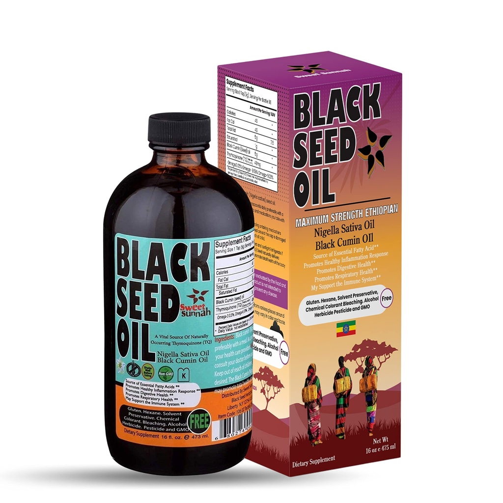 Ulei etiopian negru de semințe - 3,43% Thymochinonă rece-Pressed Black Chimin Seed de la Pure Nigella Sativa - Prima presăre semințe negre Non-GMO îmbunătățit - 16 Oz Sticla dulce Sunnah