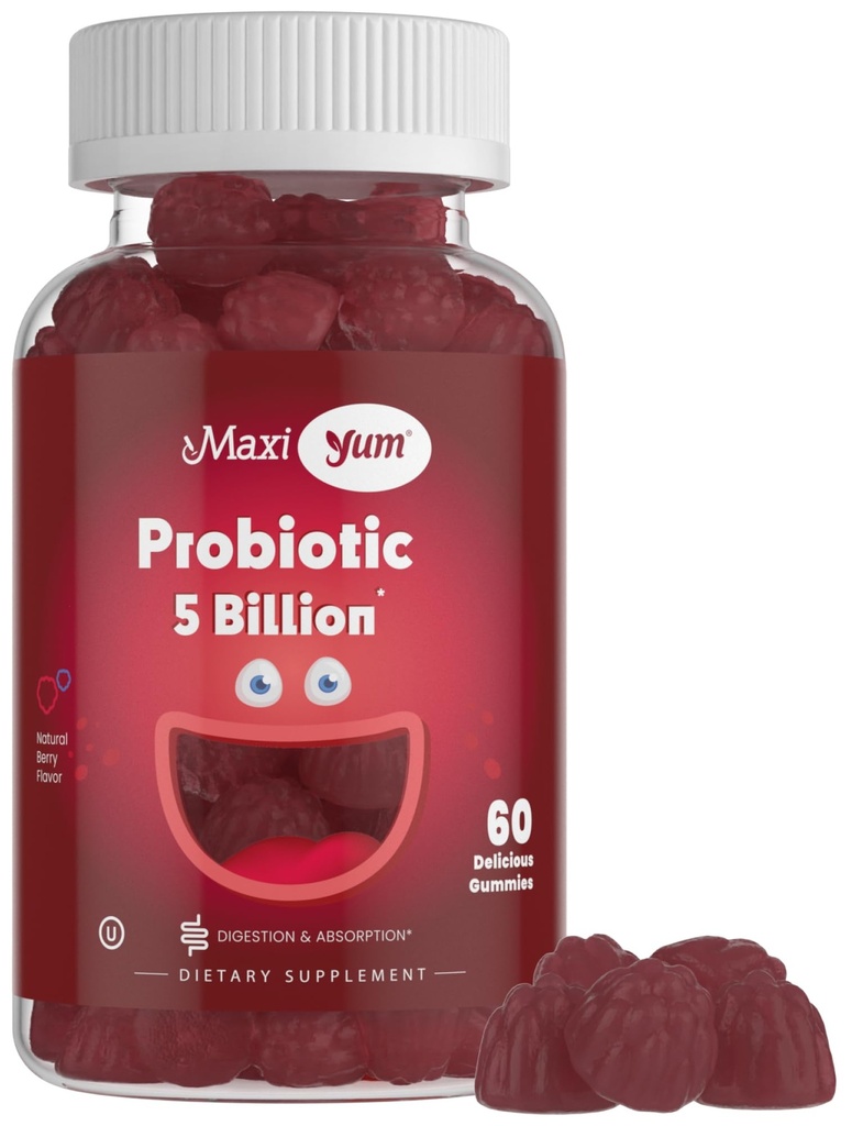 Maxi Health Yum, Gume Probiotice cu 5 miliarde CFU de probiotice Digestive Health, Kosher Certified Natural Berry Flavor Gut Health Suplimente Gummy Chembable pentru barbati si femei, 60 Gummies