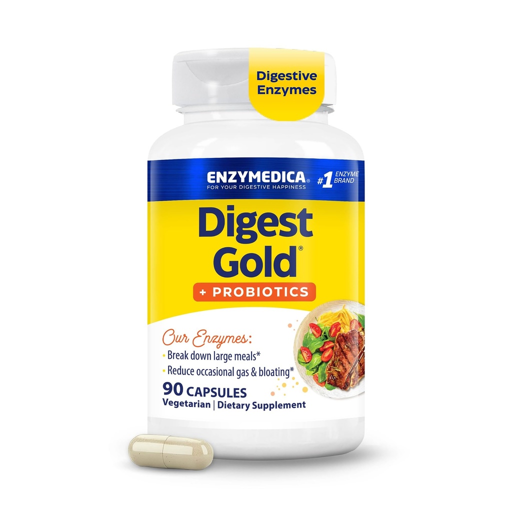 Enzymedica Digest Gold + Probiotice, 2-in-1 Formula pentru sanatate gutoasa, Enzime digestive & 1 Miliarde culturi probiotice active, 90 Conte (FFP)