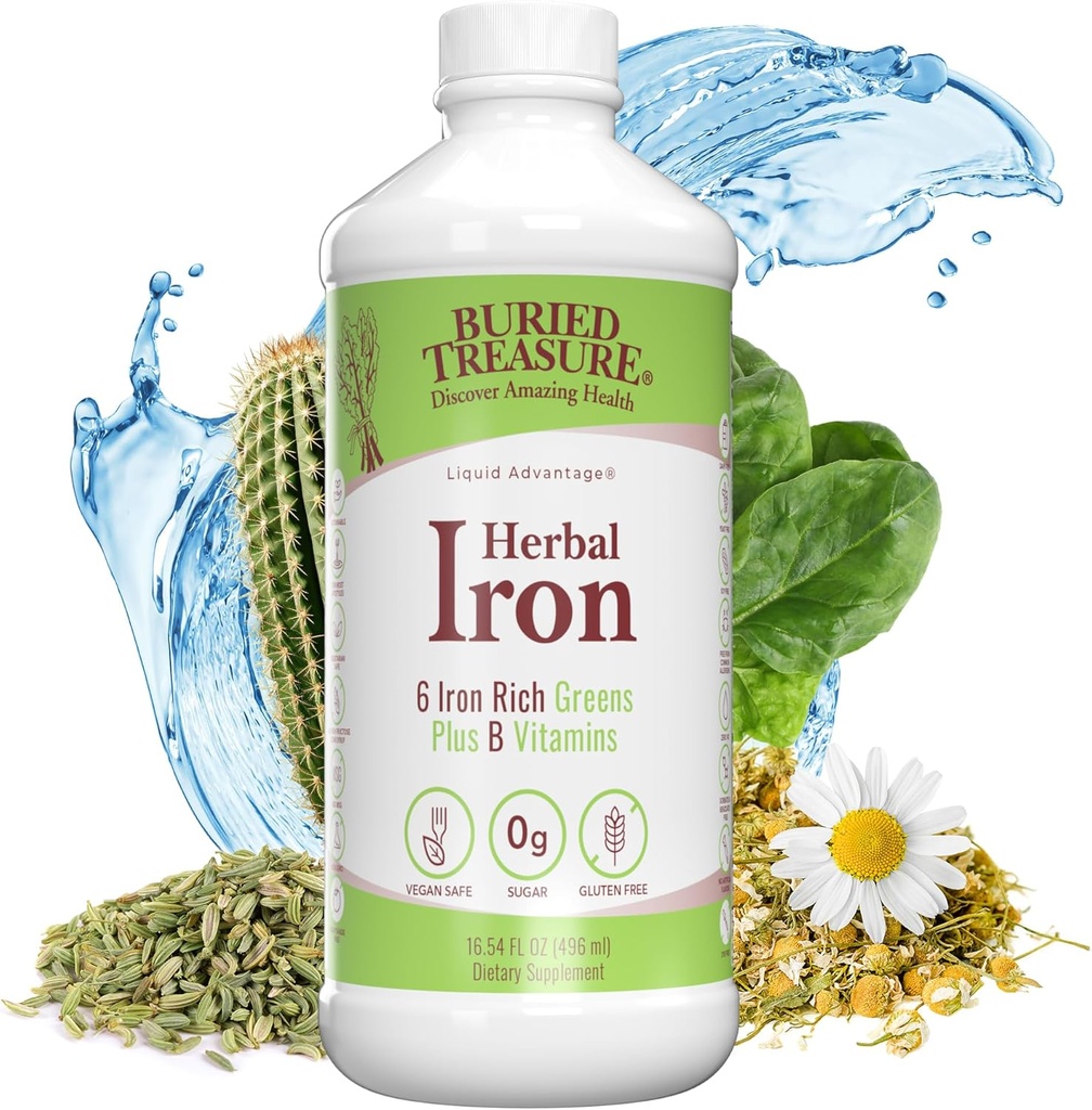 Comoara ingropata Herbal Iron - 48 Serviri, fier lichid si Herbal Supplement, Vitamina C & B Complex Vitamine, verdeturi bogate in fier, fier Vegan pentru barbati si femei
