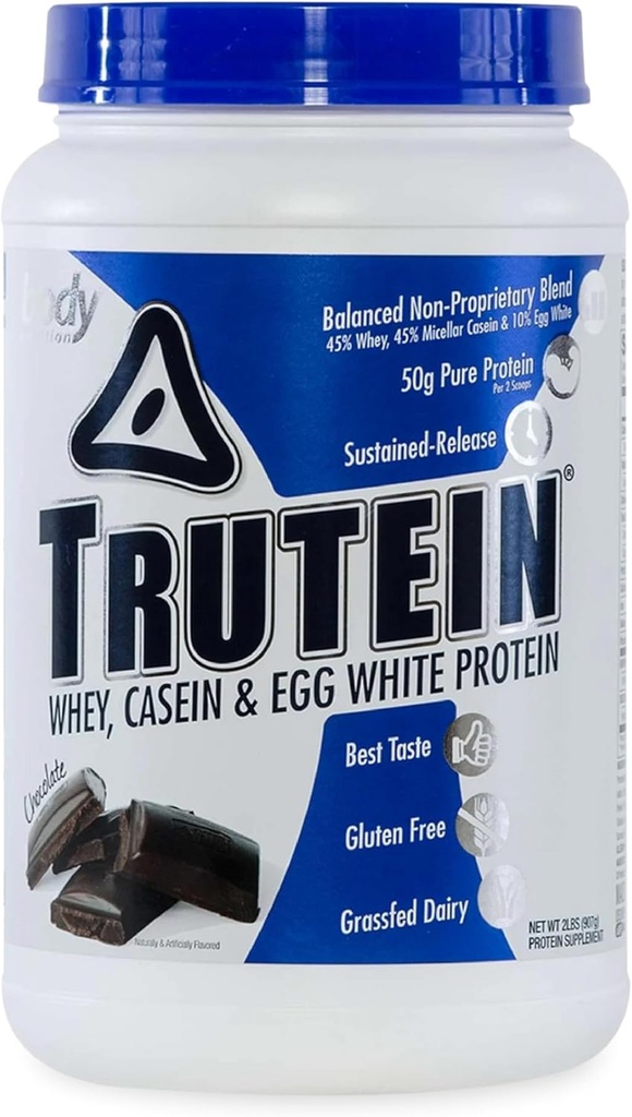 Nutriție corp Trutein Pulbere de proteine ridicate: 45% Whey, 45% Cazeină, 10% Ou Albă Proteină Shake Mix, Gluten-Free, Sodiu scăzut, supliment de proteine carbohidrat scăzut Pulbere pentru bărbați și femei, Ciocolată, 2lb