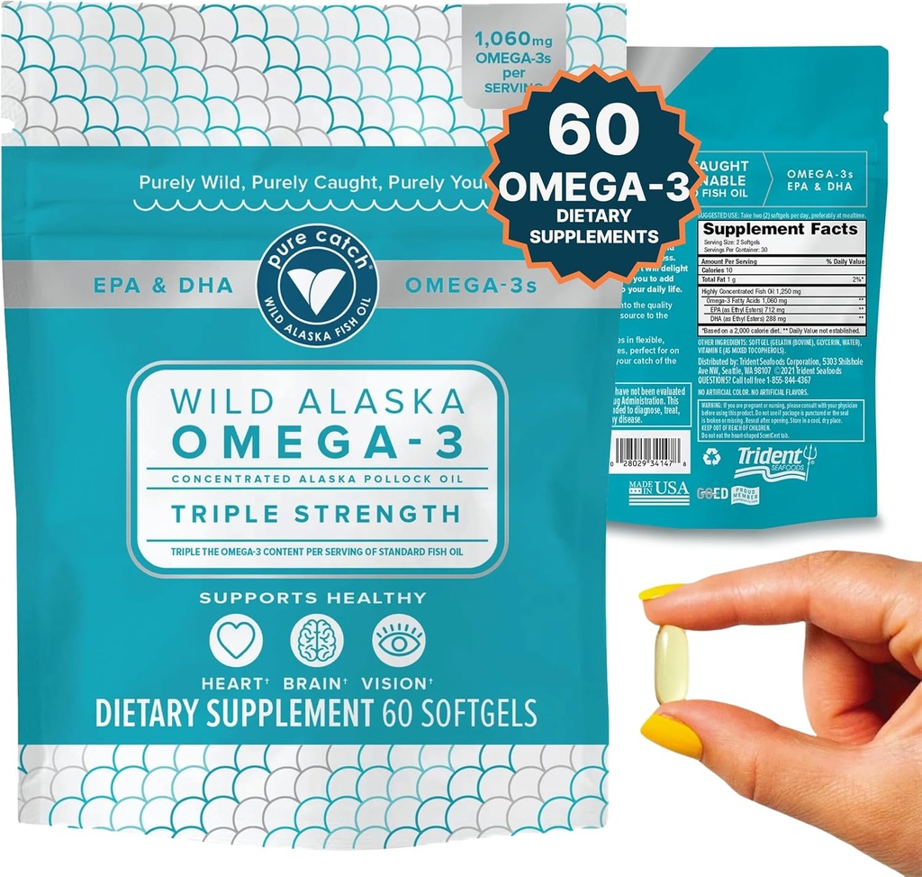 Seafoods Trident Pure Catch Wild Alaska ulei de pește 1060mg Triple Putere Omega-3 Peste Suplimentul de ulei pentru femei și bărbați - EPA și DHA - 60 Ct. Daily Citrus Soft Gel Supports Heart, Brain, și viziune