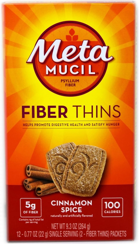 Metamucil Fiber Thins Scorțișoară Spice 3 cutii de 12 pachete. Fiecare dintre cele 12 pachete conține 2 subțiri de fibre