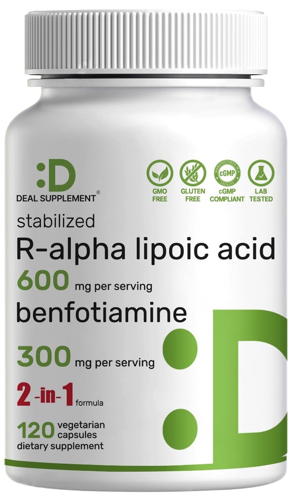 DEAL SUPLEMENT R Alpha Acid lipoic 600mg cu benfotiamină 300mg Per Serving, 120 Veggie Capsule 