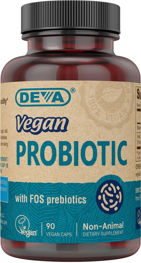 DEVA Vegan Probiotic cu supliment de prebiotice FOS - 2 miliarde CFU cu 100 MG de prebiotice per servire pentru bărbaţi şi femei - non-Dairy Gluten gratuit - natural de valabilitate stabil - 90 capsule