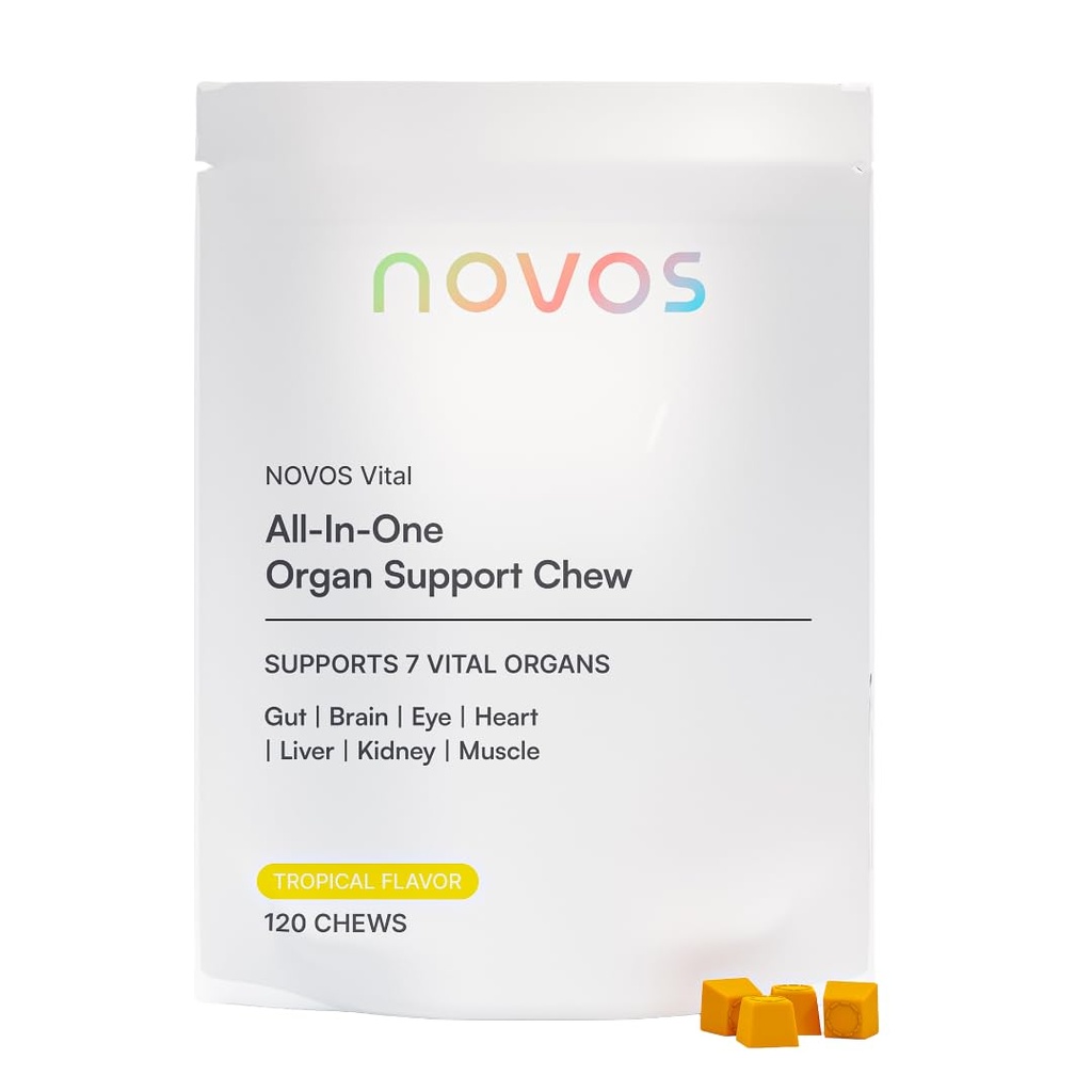 Novos Vital Nutritional Supplement Chews for Organ Liver, Brain, Eyes, Heart, Gut Support - Nattokinaza, Lutein, Inulin, Rutin, Tropical Flavor (120 Count)
