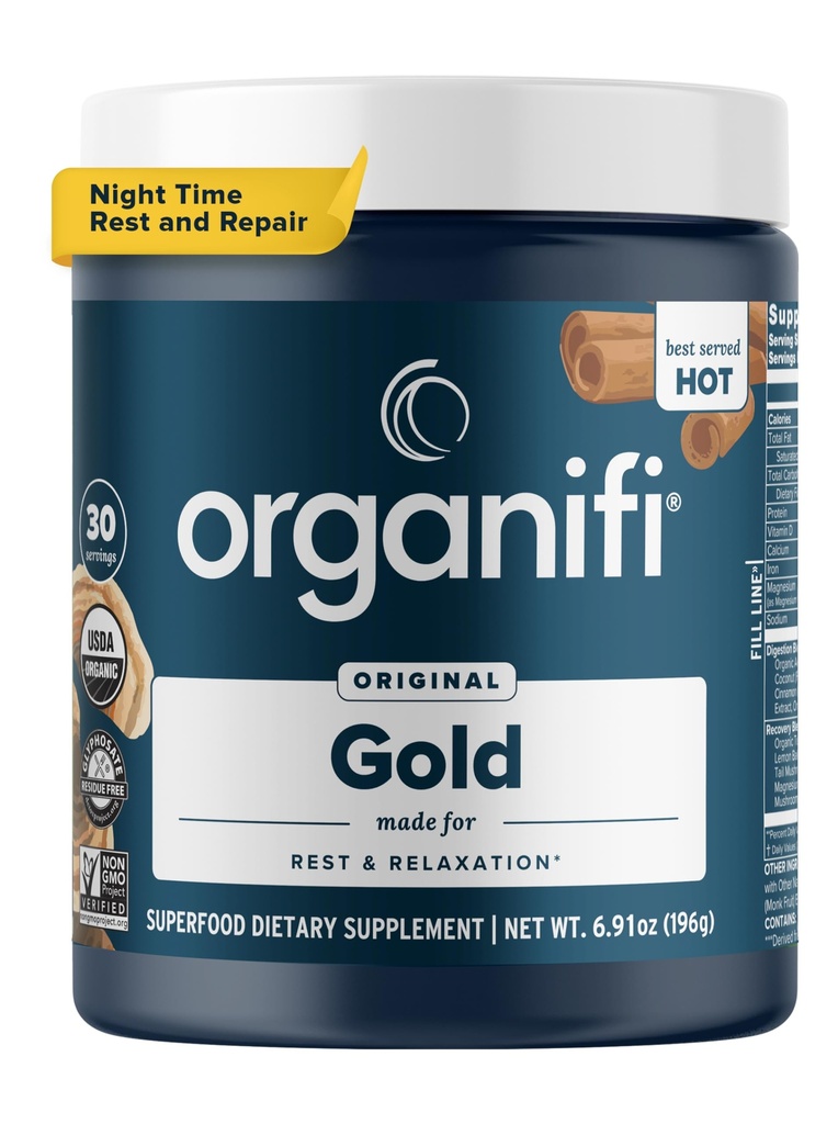 Organifi: Aur - Superfood Supplement Powder - 30 Serviri - Suport pentru stres, Odihnă mai bună, Relaxare și Promovează somn odihnitor - Turmeric și Reishi Infuzat