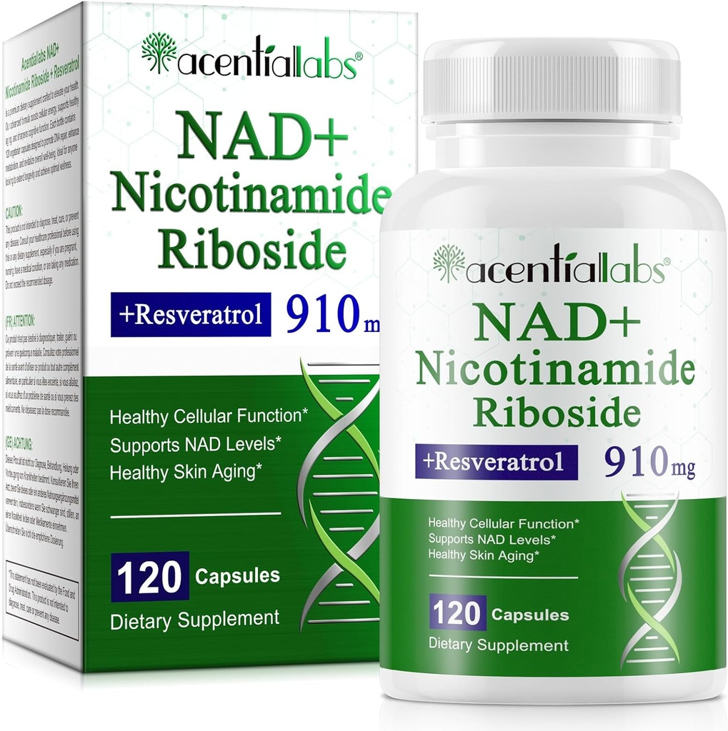 Suplimentul NAD, NAD Nicotinamidă Ribozidă Resveratrol 910 mg, Supliment NAD de înaltă puritate pentru funcţie celulară sănătoasă, susţine niveluri NAD Skin Aging Sanatos Supliment alimentar 120 capsule