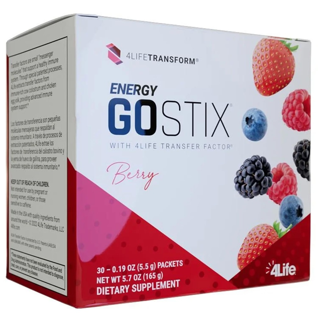 4Life Energy Go Stix, Energetica sanatoasa Mix de bauturi, Cofeina din Guarana, Maca, Yerba Mate si extract de frunze de ceai verde, Aroma de berry - 30 Pachete