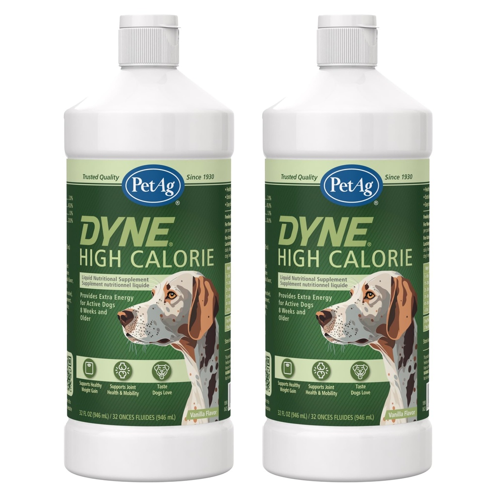 Pet-Ag Dyne High Calorie Lichid Supliment nutritional pentru câini și căței 8 săptămâni și mai în vârstă - 32 oz, Pachet de 2 - Suporturi Performanță și perseverență - Aroma de vanilie dulce