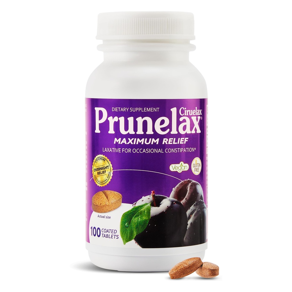 Prunelax Ciruelax Tablete Laxative de ajutor maxim cu Senna naturale pentru constipație ocazională, extract de Senna, Vegan & Gluten-Free, ajutor overnight blând - 100ct