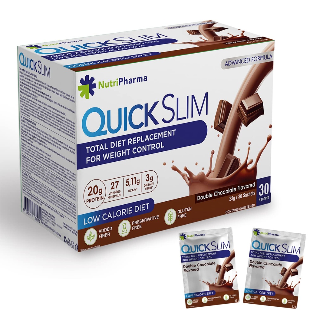 Quick Slim Masă de schimb Shake pentru pierderea in greutate, 30 Serviri, 20g Proteina, 27 Vitamine & Minerale, Fibră dietetică, Carb scăzut, Gluten gratuit (Ciocolata dublu, 30 Sachete)