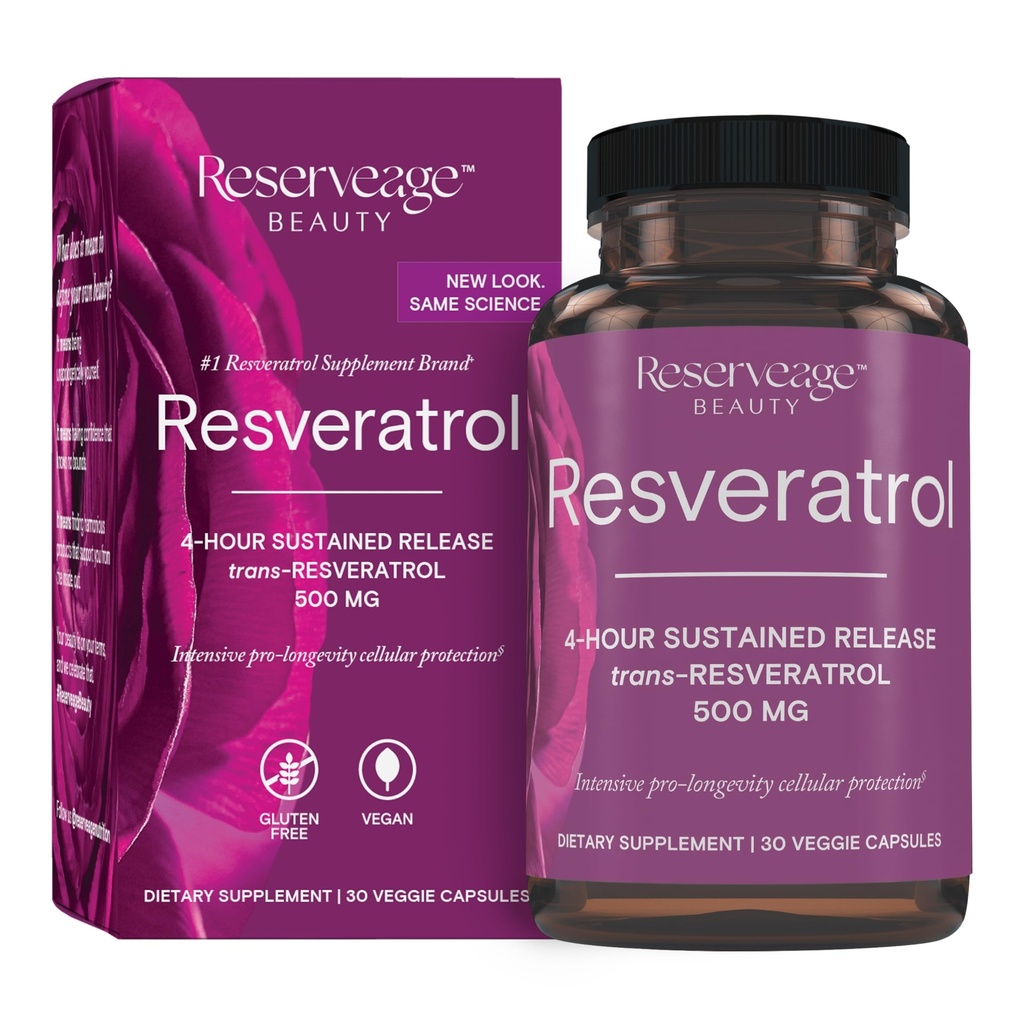 Reservage Beauty, Resveratrol 500 mg, Supliment antioxidant pentru inima si sanatate celulara, Suporturi Sistemul de imbatranire sanatoasa si imune, Paleo, Keto, 30 Capsule