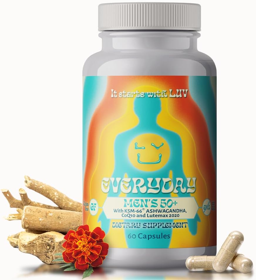 LUV EverydayTM Mens 50+ Multivitamine - Adult Formula Daily Nutritional Support with Iron, Calciul, KSM-66 Ashwaganda, CoQ10, Licopen, and Lutemax 2020- Vegetarian Gluten-Free & Non-GMO - 60 Capsule