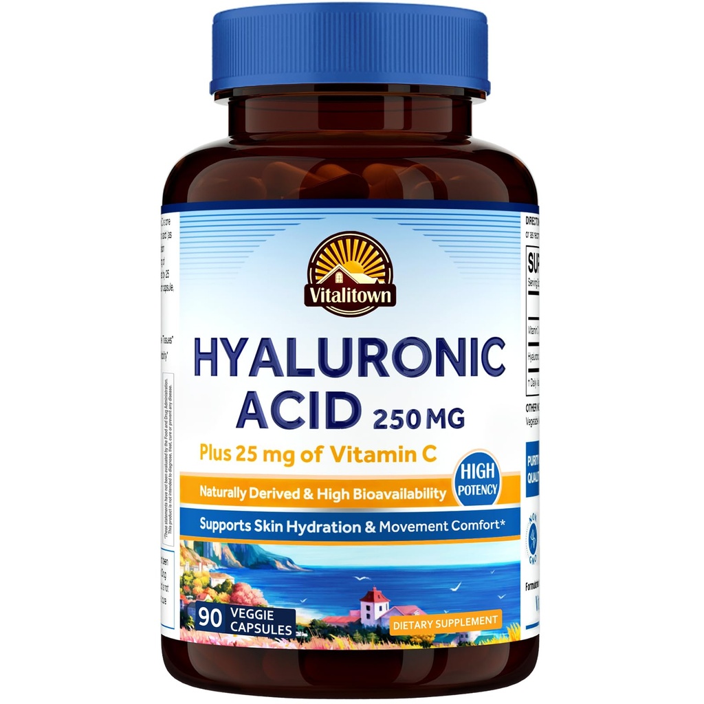 Vitalitown Acid hialuronic Suplimente 250 mg, Plus 25 mg Vitamina C, Derivat natural & Biodisponibilitatea ridicată, Hidratarea pielii, 90 capsule Vegane, 3 luni de aprovizionare