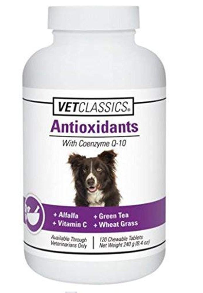 Vet Classics Antioxidanți cu Coenzima Q-10 pentru câini, cu Alfalfa, Ceai verde, vitamina C, & Iarbă de grâu, 120 comprimate masticabile