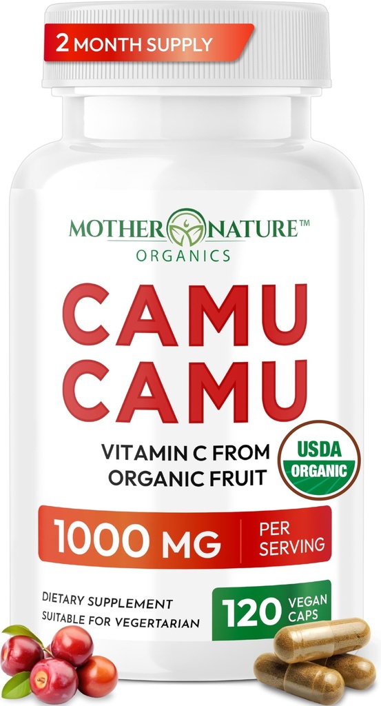 Vitamina C organică de la Camu Camu capsule 1000 mg, ambalate cu VIT C naturale, antioxidanți brute - Supplement de sprijin imunitar și anti-Aging pentru piele - praf organic, Vegan, non-GMO (120 Conte)