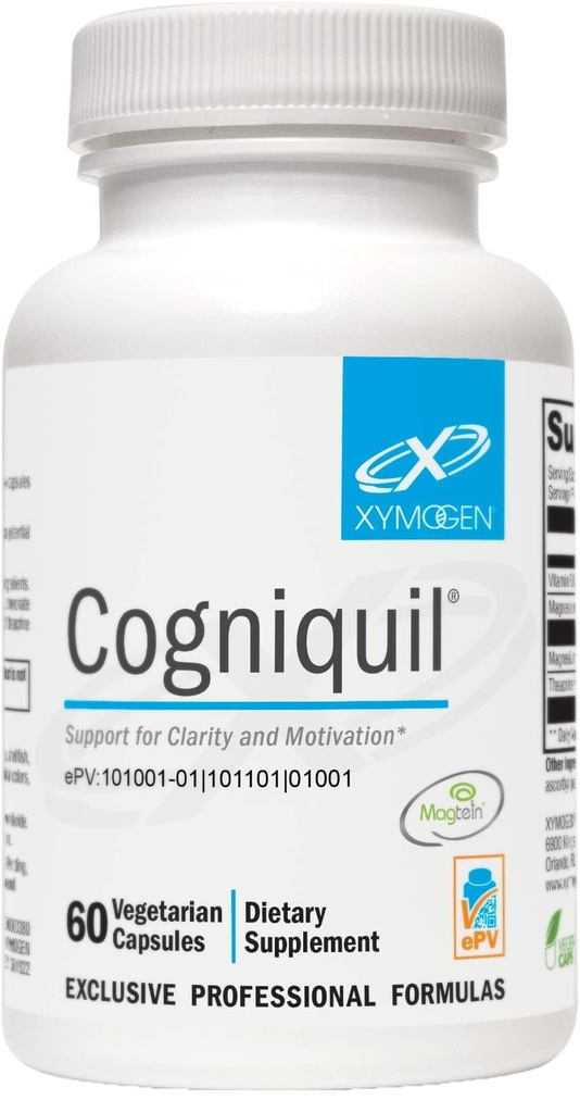 XYMOGEN Cogniquil - Suport pentru Claritate, Focus, Motivație, Mental și Energie Fizică - Magneziu L-Treonat pentru a furniza magneziu biodisponibil pentru creier, Theacrin + vitamina B12 (60 capsule)