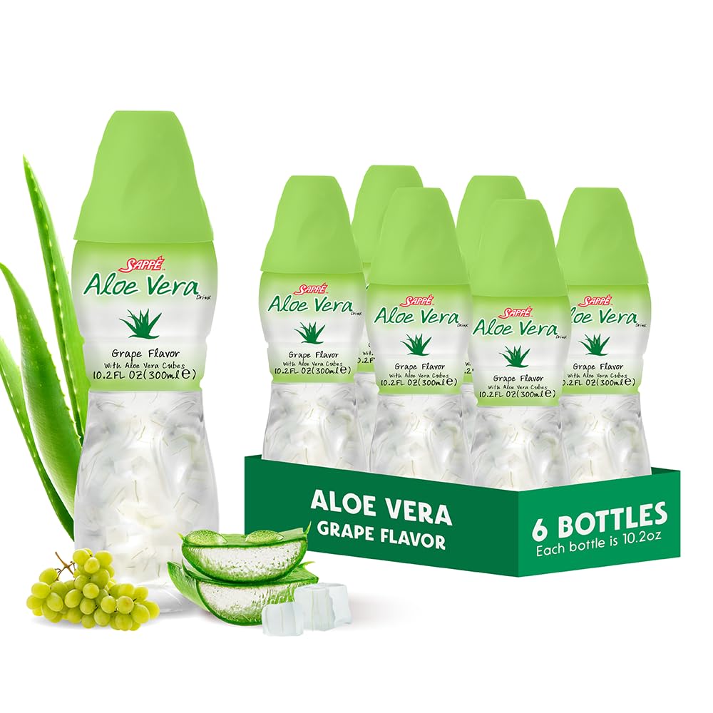 Suc de Aloe vera (Aromat de Grape) cu bucăți mai mari de pastă de aloe pură (6 Pachete) Suc pe bază de plante mare pentru hidratare și conține pastă mare de aloe. Este sănătos pentru adulți și copii