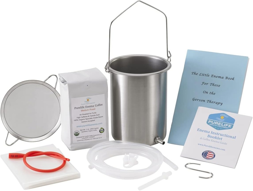 PureLife Coffee Enema Kit - Made in USA - All You Need Kit - 2 Qt Statele Unite ale Americii Enema din oțel inoxidabil Enema Bucket - Lab testat Enema organic cafea - Mold, Fungus, Mycotoxina gratuit - 1 Liră - Coffee Strainer