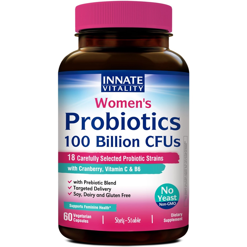 Probiotice înnăscute de vitalitate pentru femei, 100 miliarde CFU 18 Tulpini, prebiotice și probiotice, cu cranberry, vitamina C & B6 P5P, Vaginal & Digestive Health, Necongelate, 60 Capace