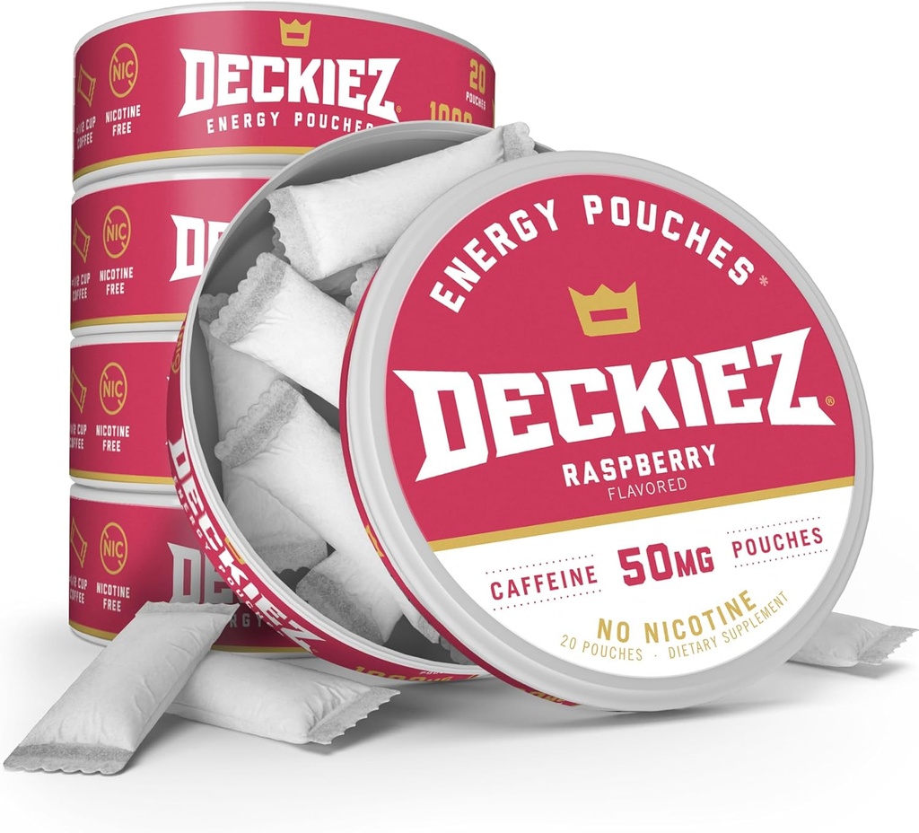 Pungi energetice Deckyez, 5 cutii (100 serviri), Sugar Free Cafeina Supliment, Cafele & Energetic Drink Alternative, 50mg Cafeina Poches, Raspberry Flavor