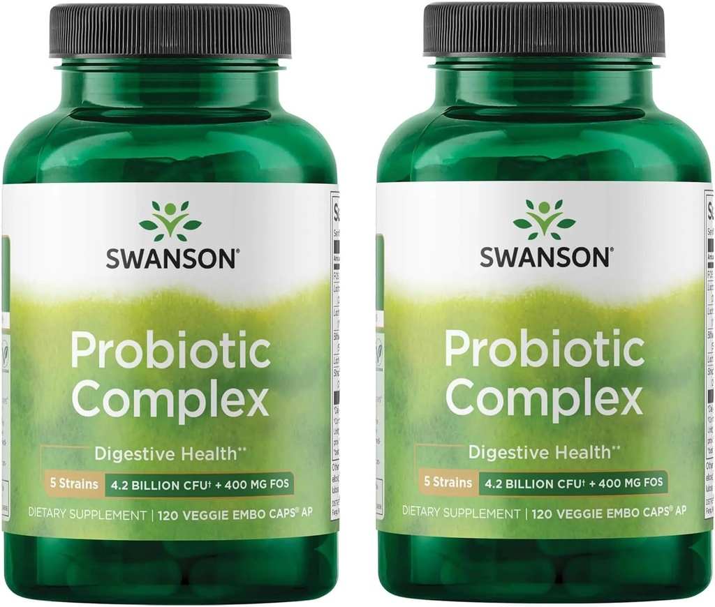 Swanson Probiotic Complex 4.2 Miliarde CFU 5-Tren Digestiv Sănătate Fat Metabolism Satety Prebiotic FOS Supliment 120 Veggie DRcaps (2 ambalaj)