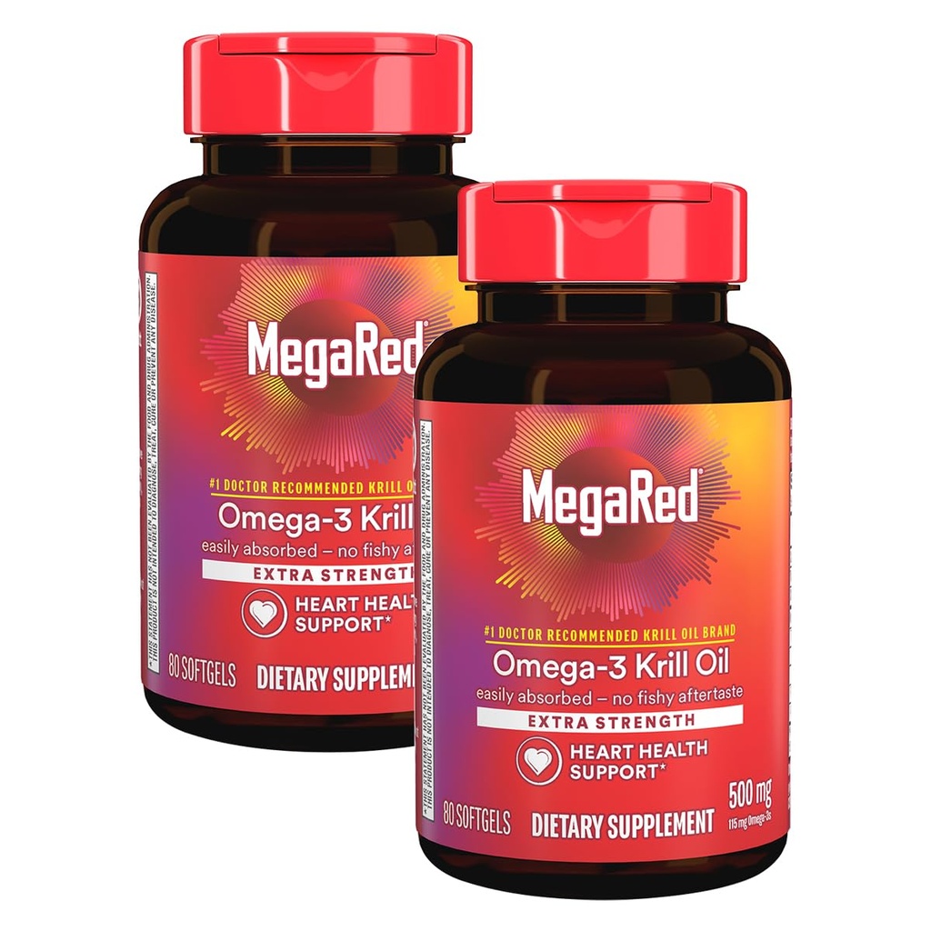 MegaRed Extra Putere 500mg Omega-3 Krill Suplimentul de ulei cu EPA / DHA, Nu Fishy Afterhastess Supports Heart Health, 80 Softgels Conte (2 ambalaj)