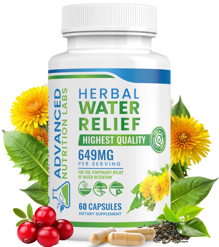 Relief de apă din plante Pastile de apă diuretică pentru reținerea apei, balonare, picioare umflate, picioare - Supliment de extract de păpădie - Pierdere de reținere apă - Diuretice pentru femei și bărbați - 60 capsule
