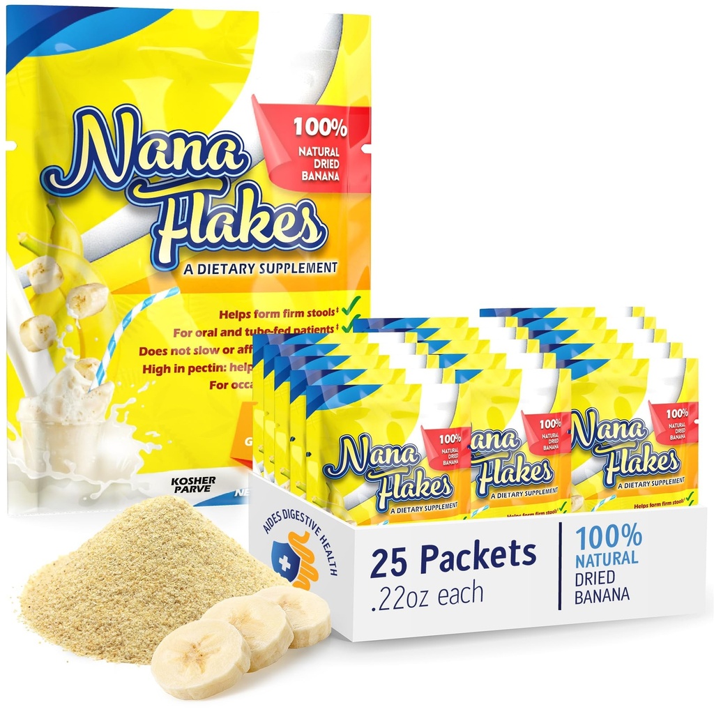 Nana Flakes 100% Pure Banana Flakes Alimente Medicale Pulbere - Scăderea grăsimii Intake & Remedii naturale pentru diaree și arsuri cardiace - Marea sursă de proteine și fibre (25 Pachete cu un singur serviciu)
