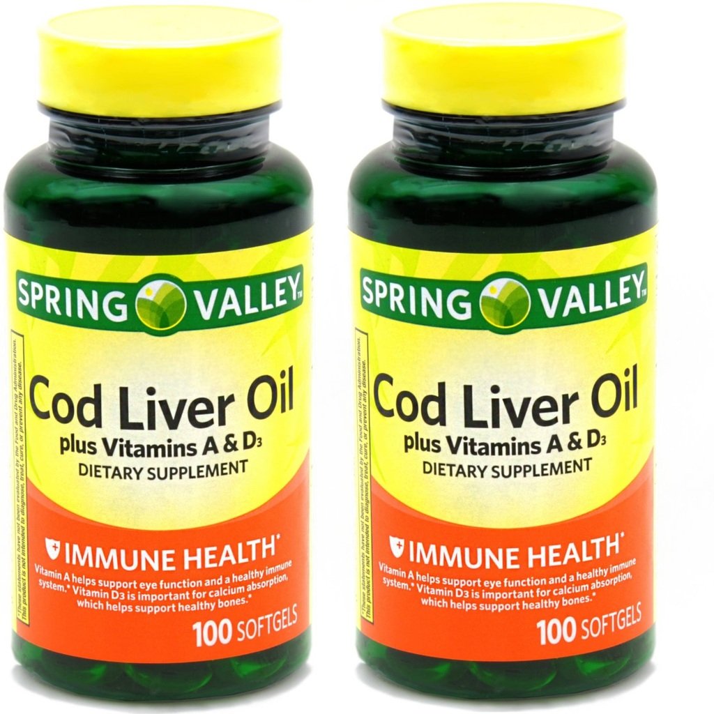 Spring Valley - Cod Ulei de ficat cu vitamina A & D 100 softgels (Pachet de 2)