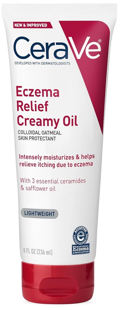 CeraVe Eczema relief Cremy Ulei de corp, Eczema calmare Crema cu fulgi de ovăz coloidal și ulei de șofrănel pentru piele uscată & Mâncărimi de piele, Steroid gratuit & Paraben gratuit, 8 Ounce