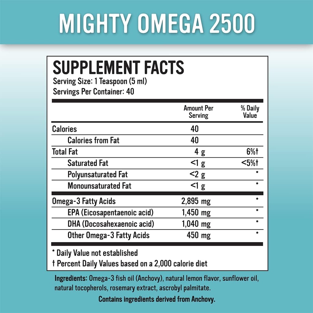 Mighty Omega 2500 Potent Omega 3 Supliment - 2500 MG EPA DHA Per Teapoon - doză mare Omega 3 Ulei de pește - South Pacific Anchovy Sursa - Trigliceride Omegas 3 supliment acid gras