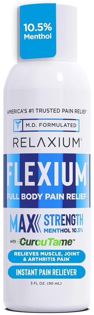 Relaxium Flexium Spray instant pentru durere, Rezistenta maxima cu mentol si curcuTame 10,5%, sustine dureri musculare, articulare si artrită, 3 FL oz. (90 ml)
