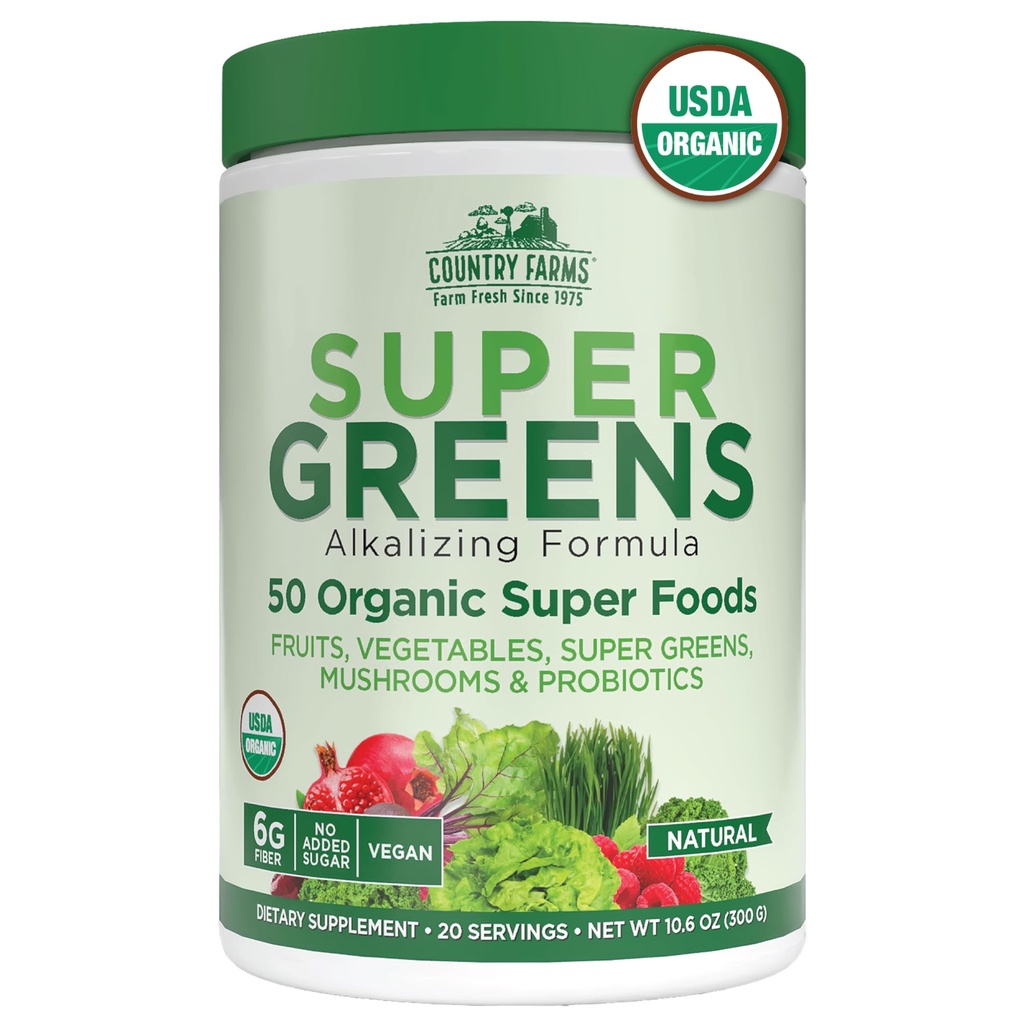Ferme organice Super Greens Aromă naturală, 50 Super Foods organice, ambalate cu fibre, USDA Organic Drink Mix, Fructe, Legume, Ciuperci & Probiotice, Sprijină Energie, 6g Fibră