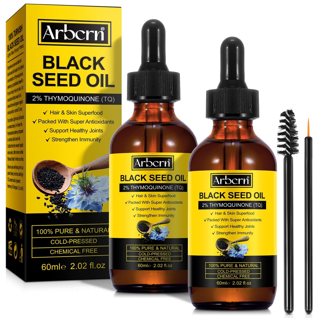 2 Pack Black Seed Ulei de semințe organice la rece presat,100% Pure & natural negru ulei de semințe de sticlă presat la rece 60ML pentru îngrijirea pielii, Nourishes și Hydrates păr