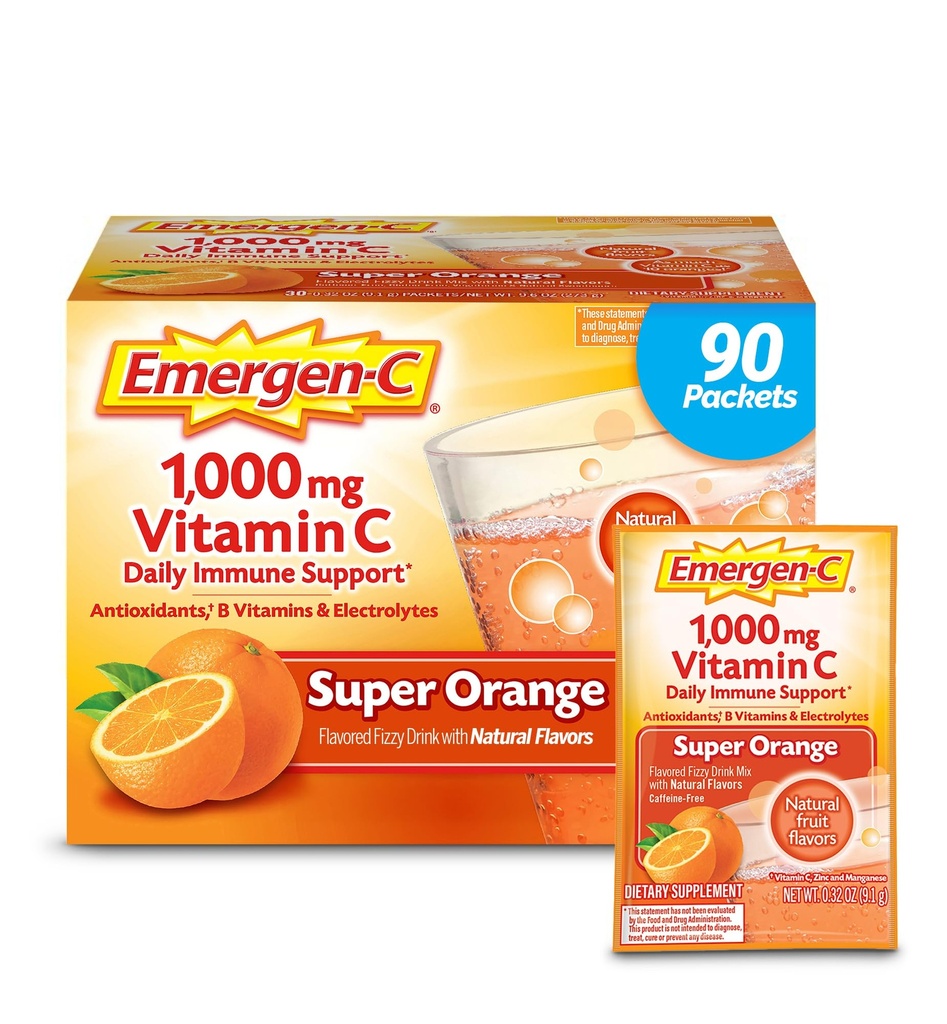 Emergen-C 1000mg Vitamina C pulbere pentru suport imunitar zilnic Cafeina suplimente de vitamina C gratuit cu zinc și mangan, vitamine B și electroliți, Super Orange Flavor - 90 Conte/3 lună de aprovizionare
